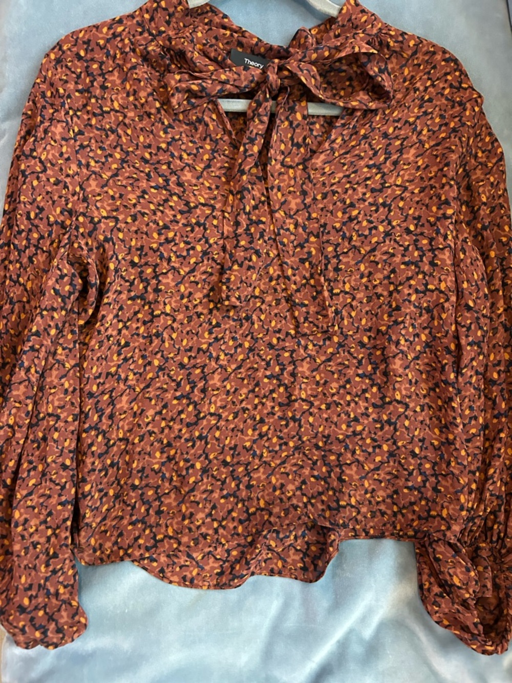 Theory Rust Floral Tie-Neck Blouse with Black & Mustard Accents